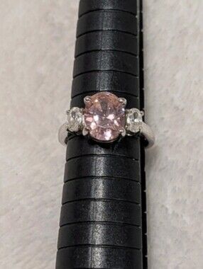Silver Blush Pink Morganite 3 Stone Ring Size 7
